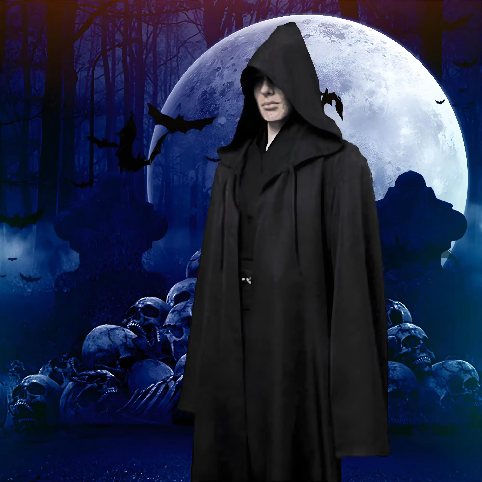 Capa Negra con Capucha - Disfraz Vampiro Jedi para Adultos