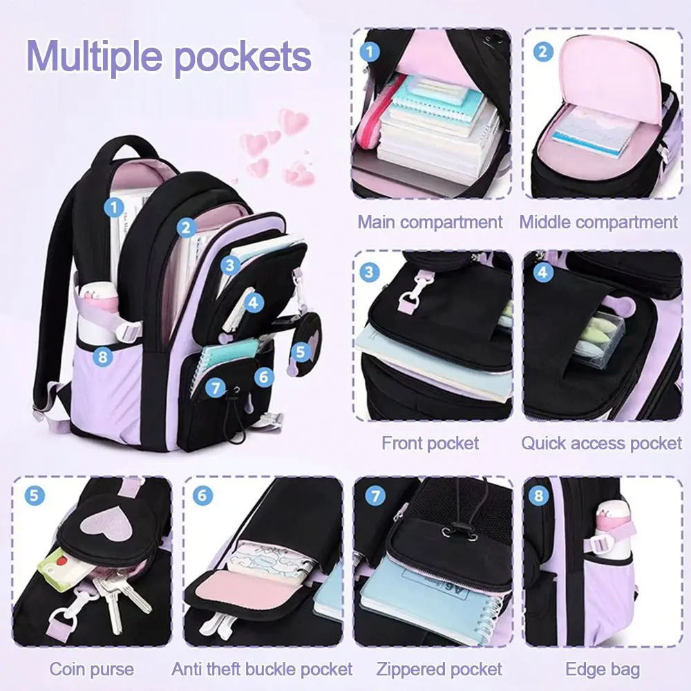 Mochila escolar de nailon con diseño amor y cierre cremallera - imagen 3