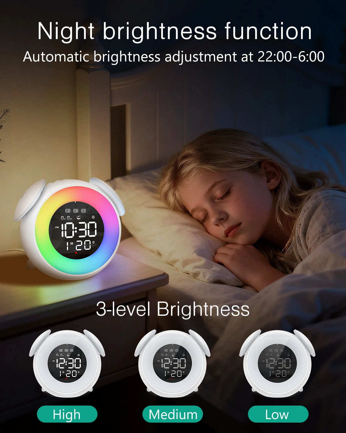 ORIA Despertador infantil multicolor con luz nocturna y doble alarma