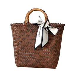 Bolsos de hombro de PP tejido con asa de bambú para mujer