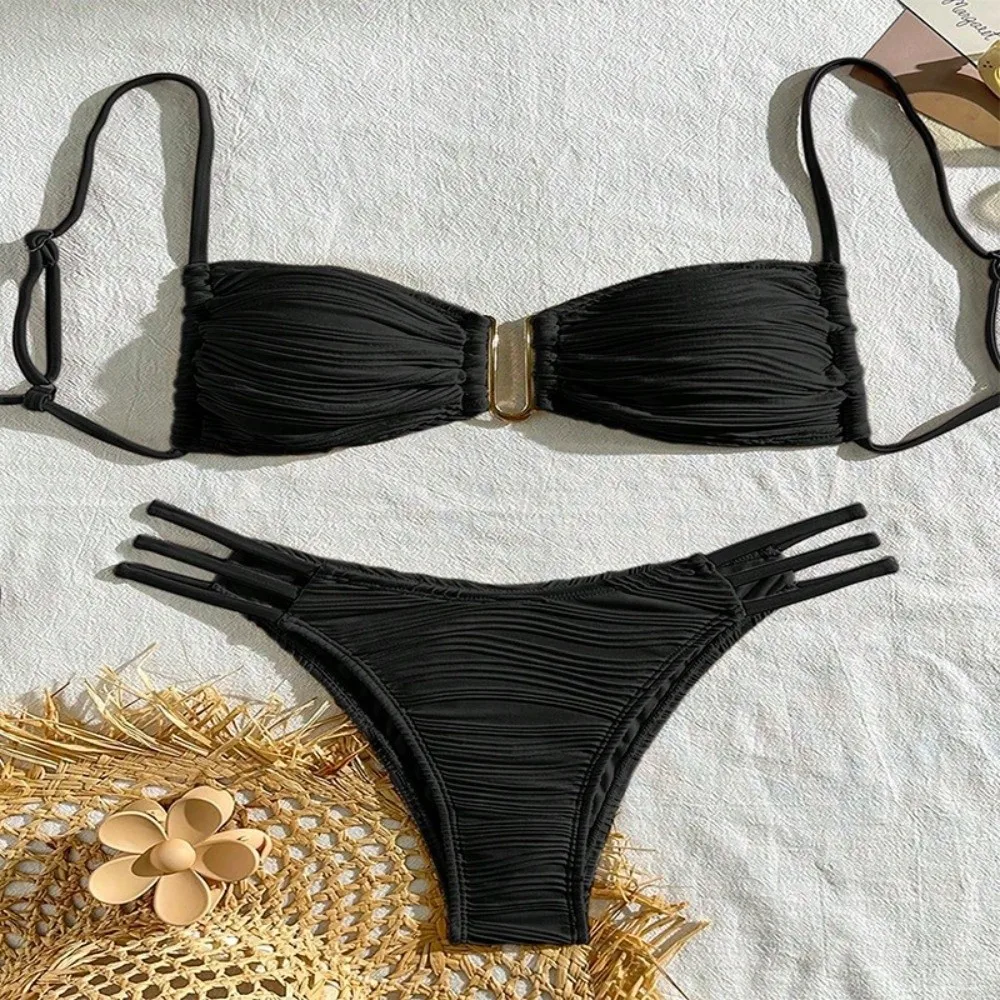 Conjunto bikini textura arrugada hueco para mujer, traje de verano