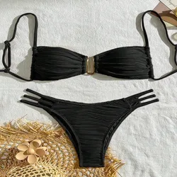 Conjunto bikini textura arrugada hueco para mujer, traje de verano