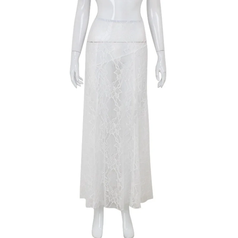 Vestido de playa de encaje liso transparente cintura baja corte A