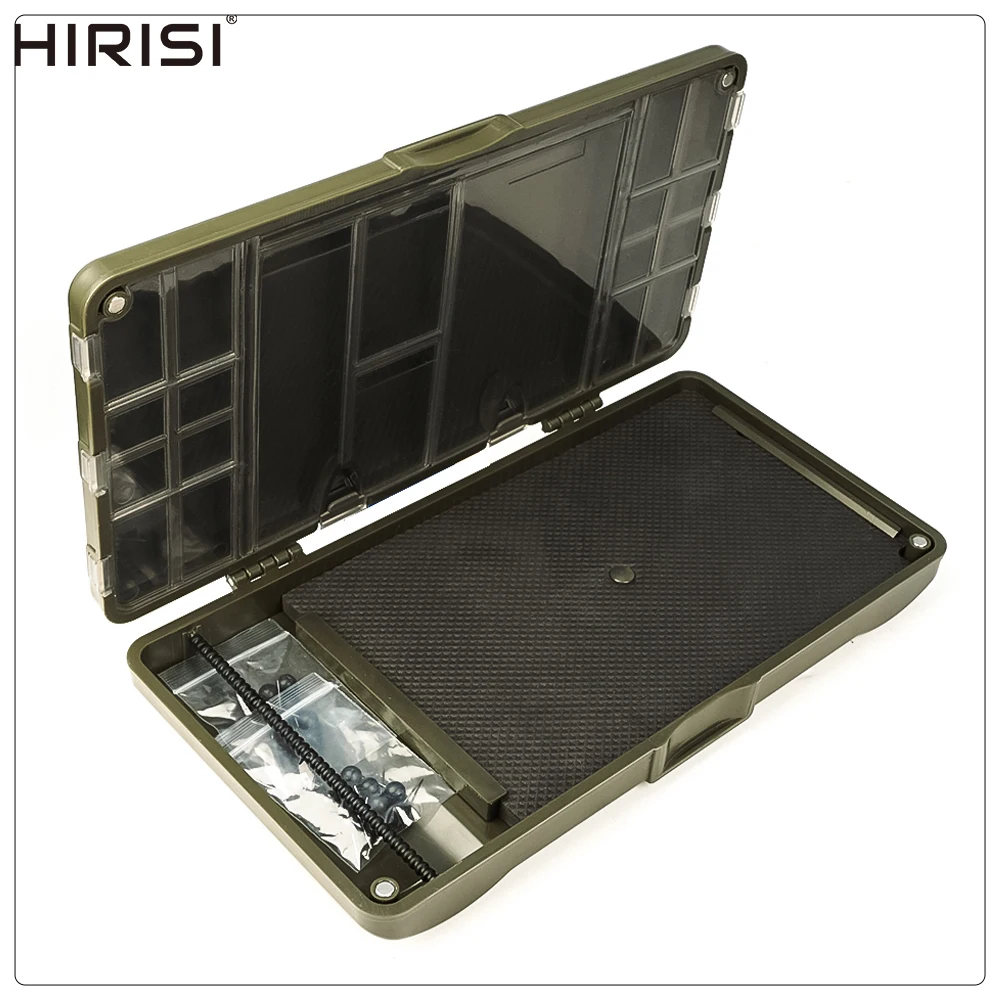 Vista frontal de la caja tipo billetera Hirisi para aparejos de pesca