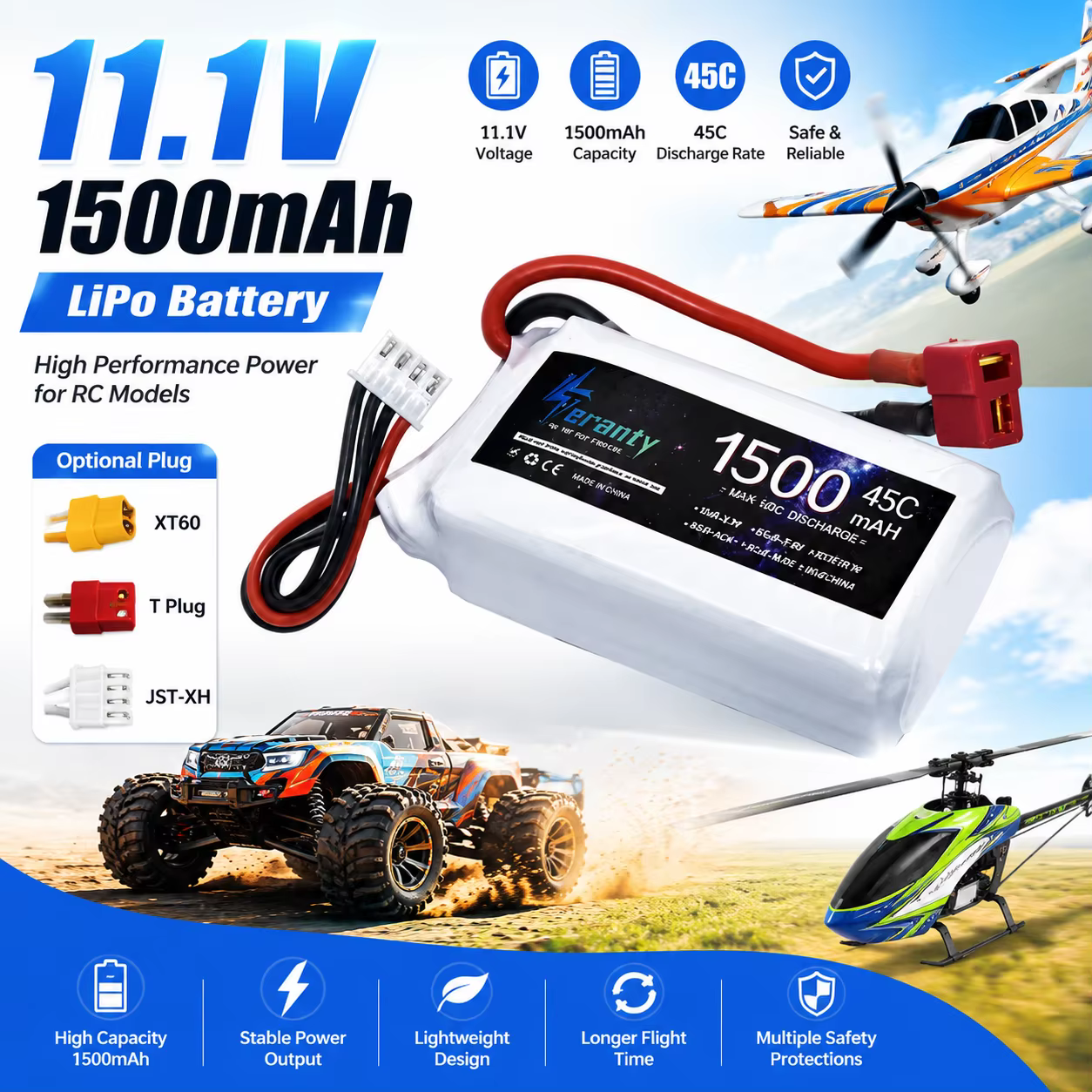 Batería LiPo WLtoys V950 11.1V 1500mAh con conector XT60 - imagen 2