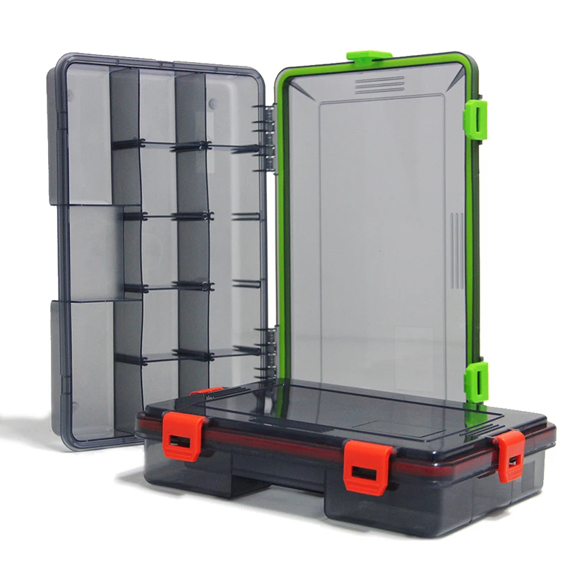 Caja de aparejos de pesca abierta con compartimentos