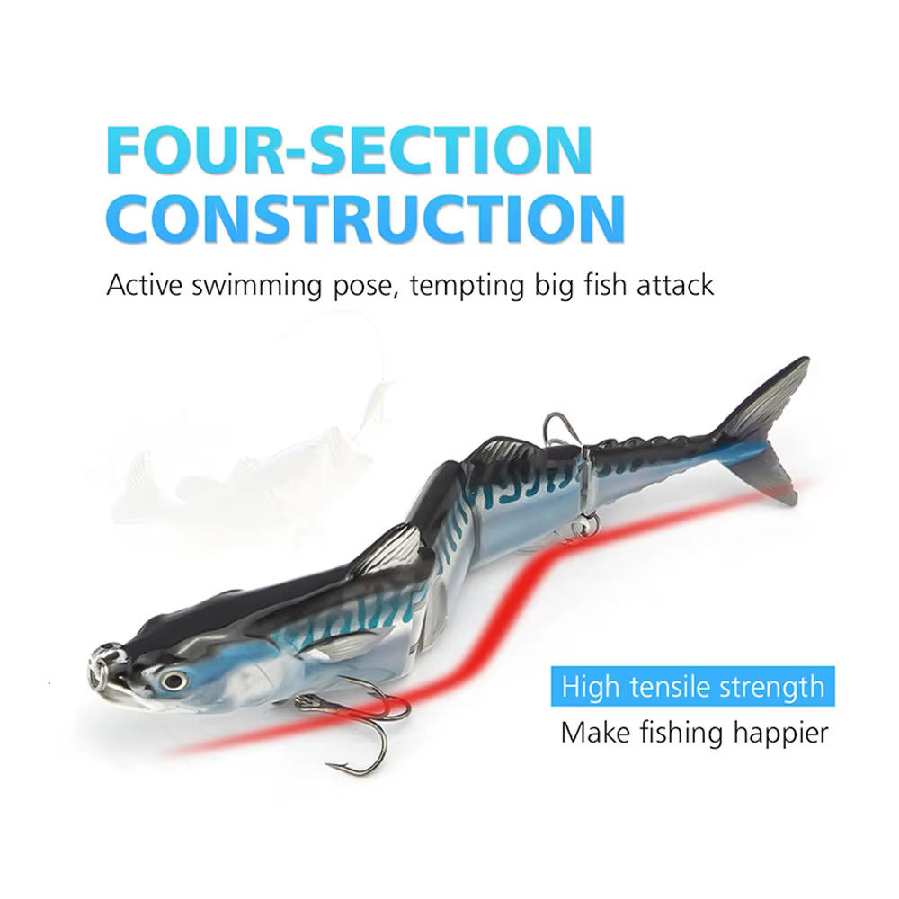 Detalle cuerpo articulado y ojos 3D del F4J07 Señuelo articulado Swimbait de plástico duro