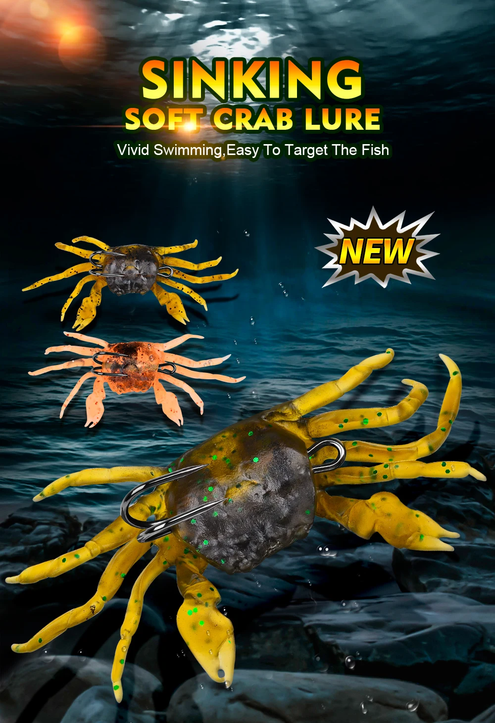 Señuelos blandos tipo cangrejo en el agua