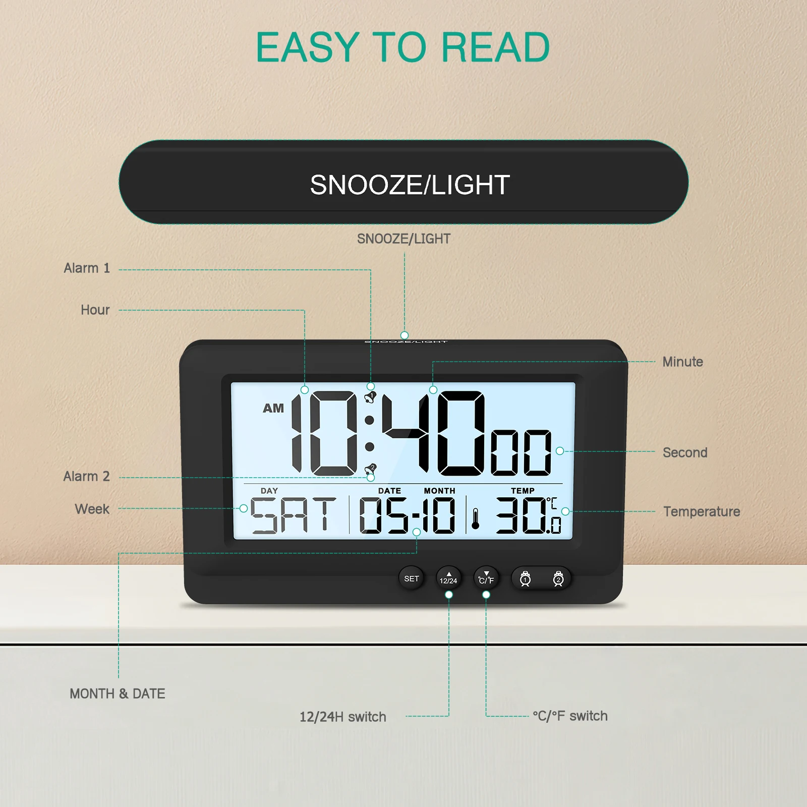 Despertador digital ORIA con pantalla LCD, calendario y temperatura - imagen 4