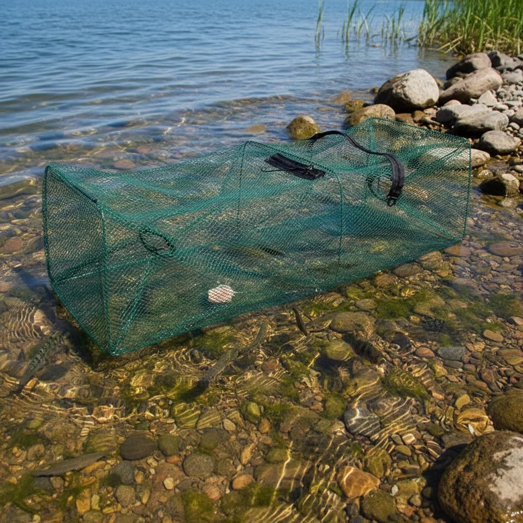 Trampa plegable para camarones mostrando sus dos entradas y material de red