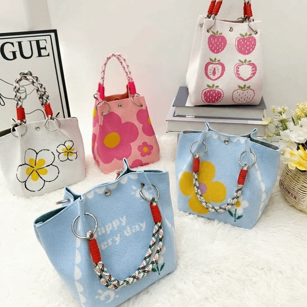 Bandolera tejida con motivo floral y asa ancha para mujer y niña - imagen 4
