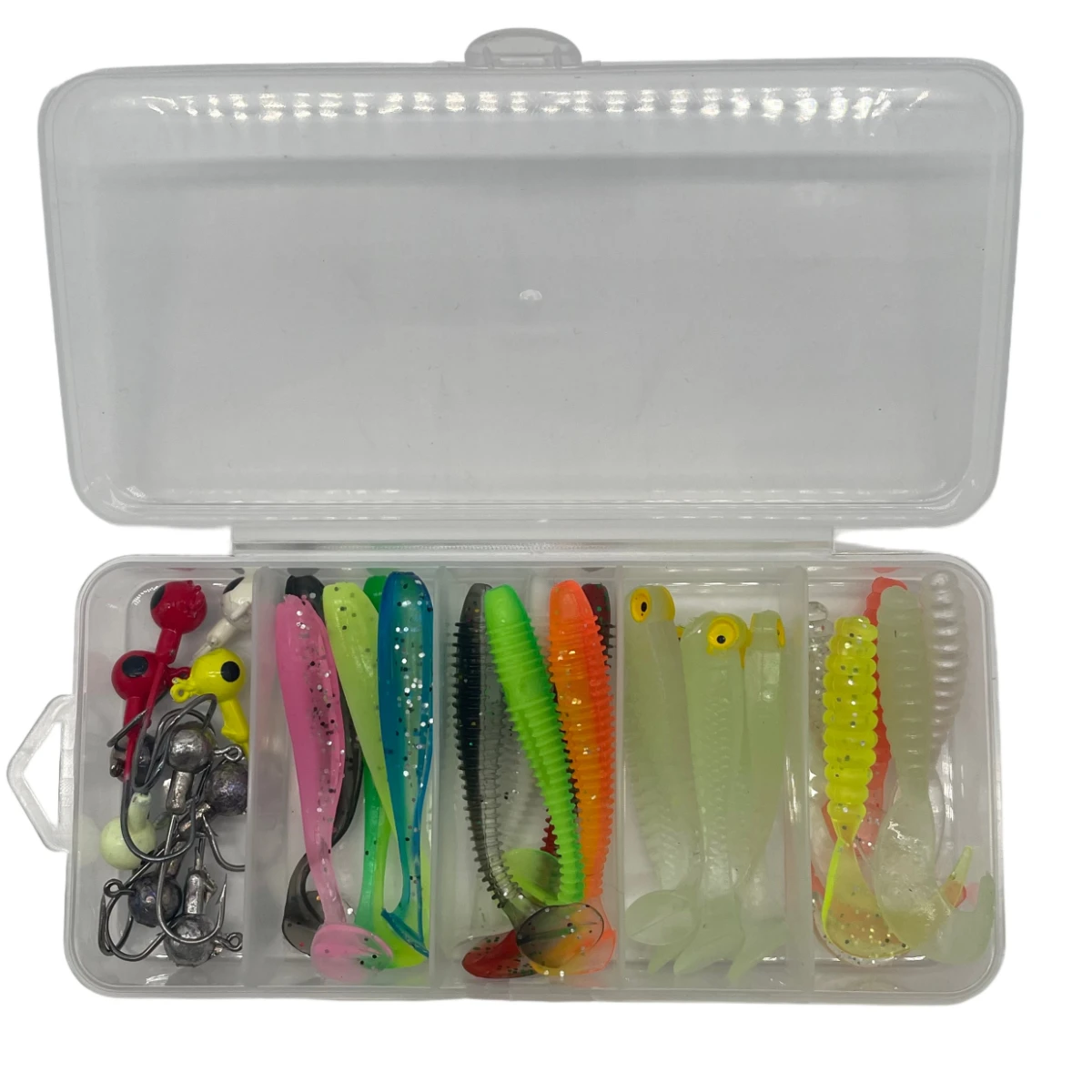 Señuelos blandos para pesca en caja organizada