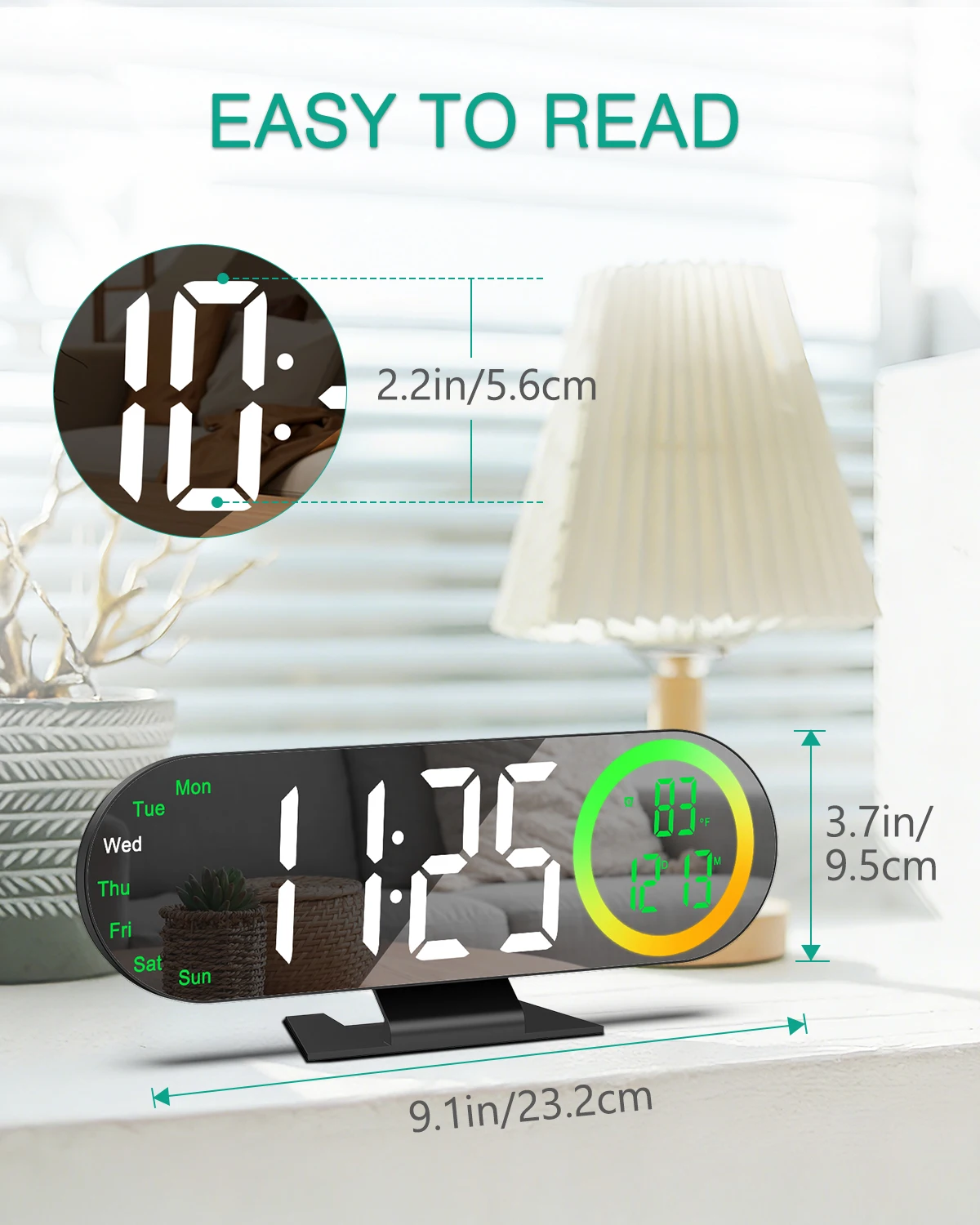 Reloj espejo LED ORIA con pantalla ovalada sobre mesa