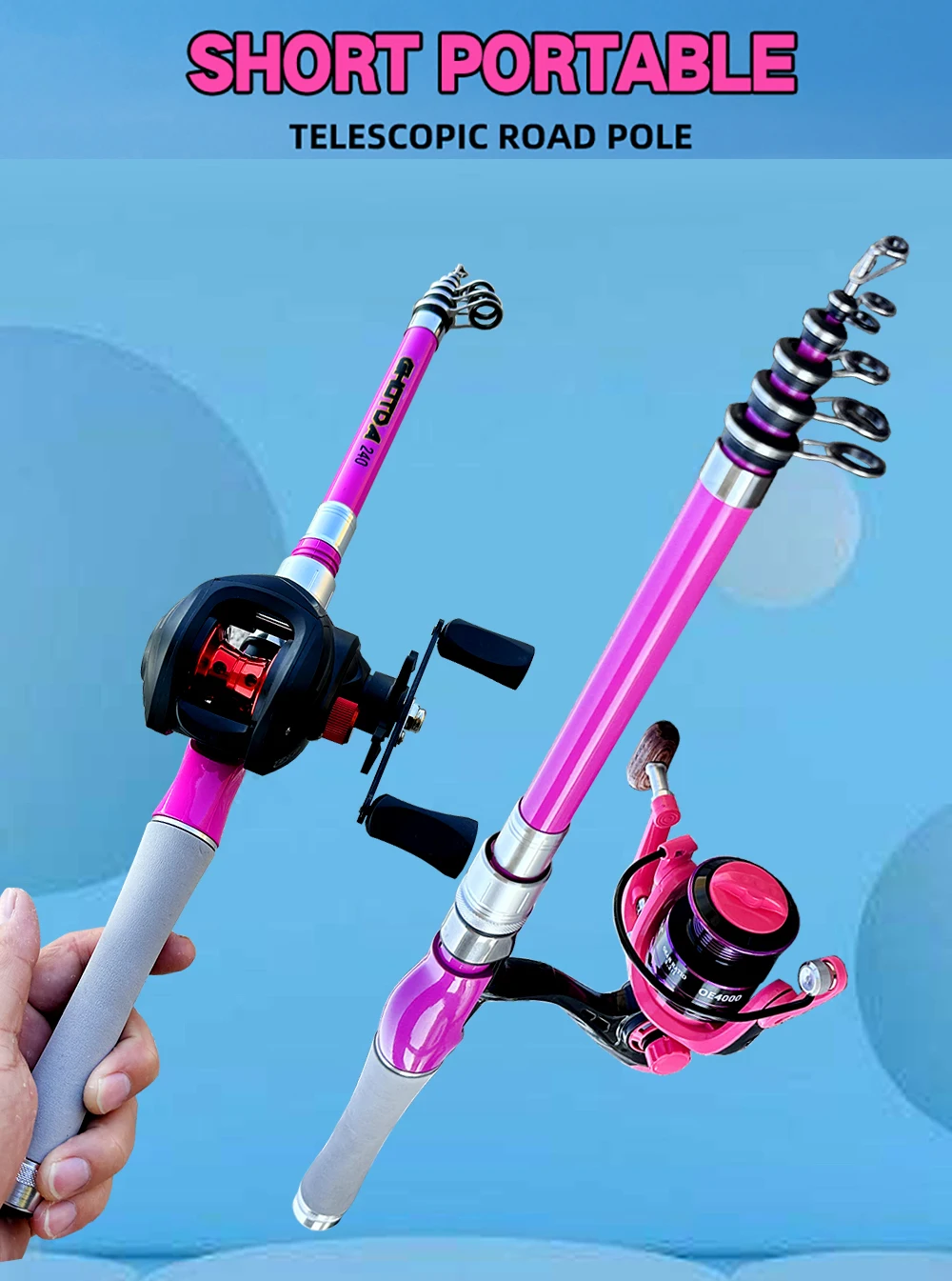 Detalle del carrete giratorio y baitcasting del combo