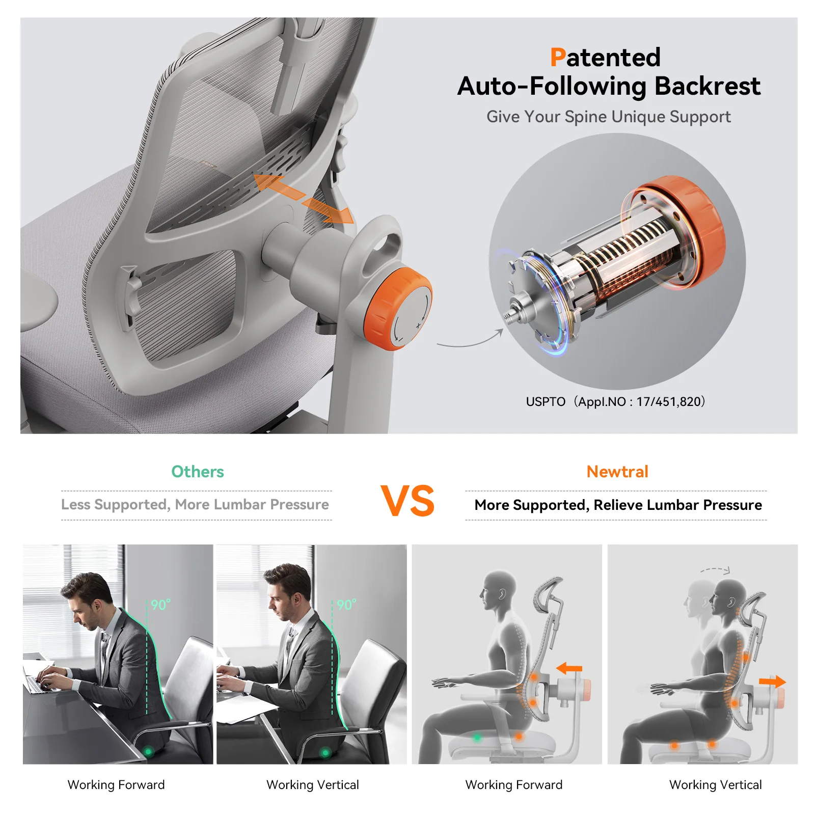 Silla ergonómica de oficina con soporte lumbar adaptativo