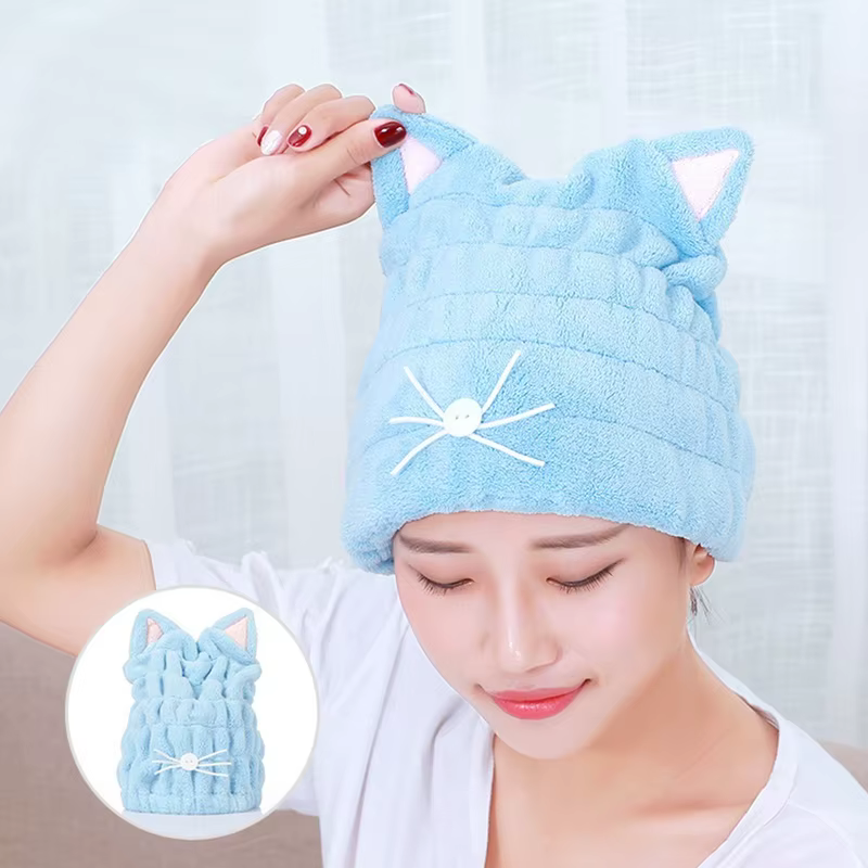 Toalla microfibra con forma de gato Coral - gorro secado rápido