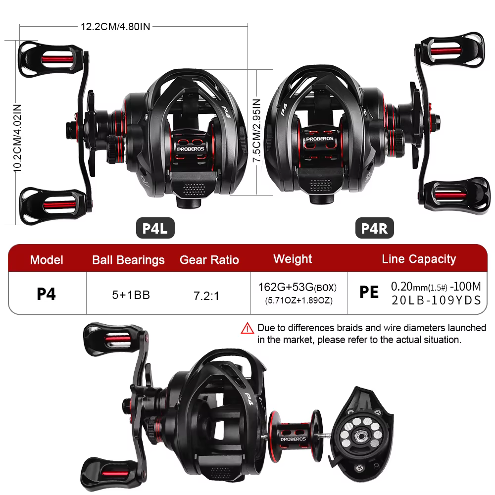 Carrete Baitcasting Proberos 7,2:1 - 5 Bujes, Cuerpo Metal