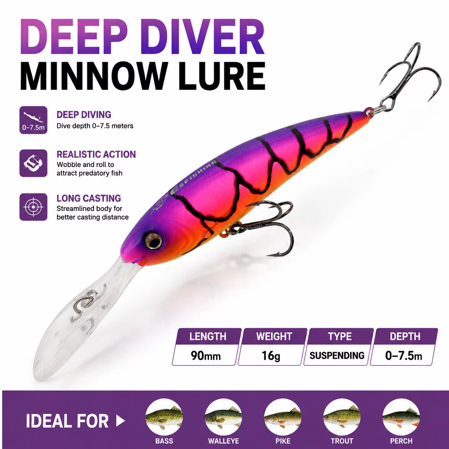ESFISHING Easy Sprinter – Wobbler flotante para Lucio 90mm
