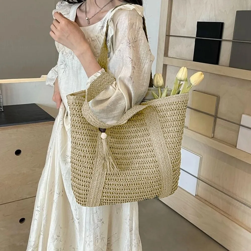 Bolso Tote sólido con borla, gran capacidad, tejido a mano mujer - imagen 4
