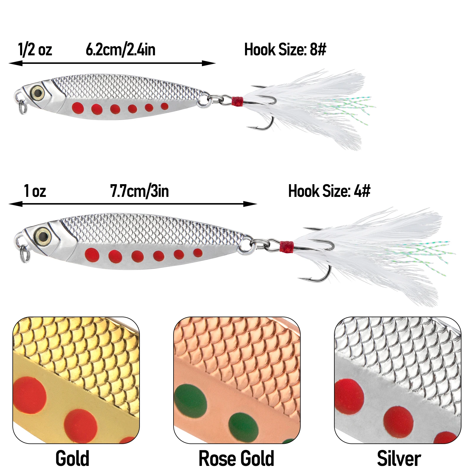 Cucharilla Jig Metal 15g-30g con triple anzuelo y plumas para lubina y corvina