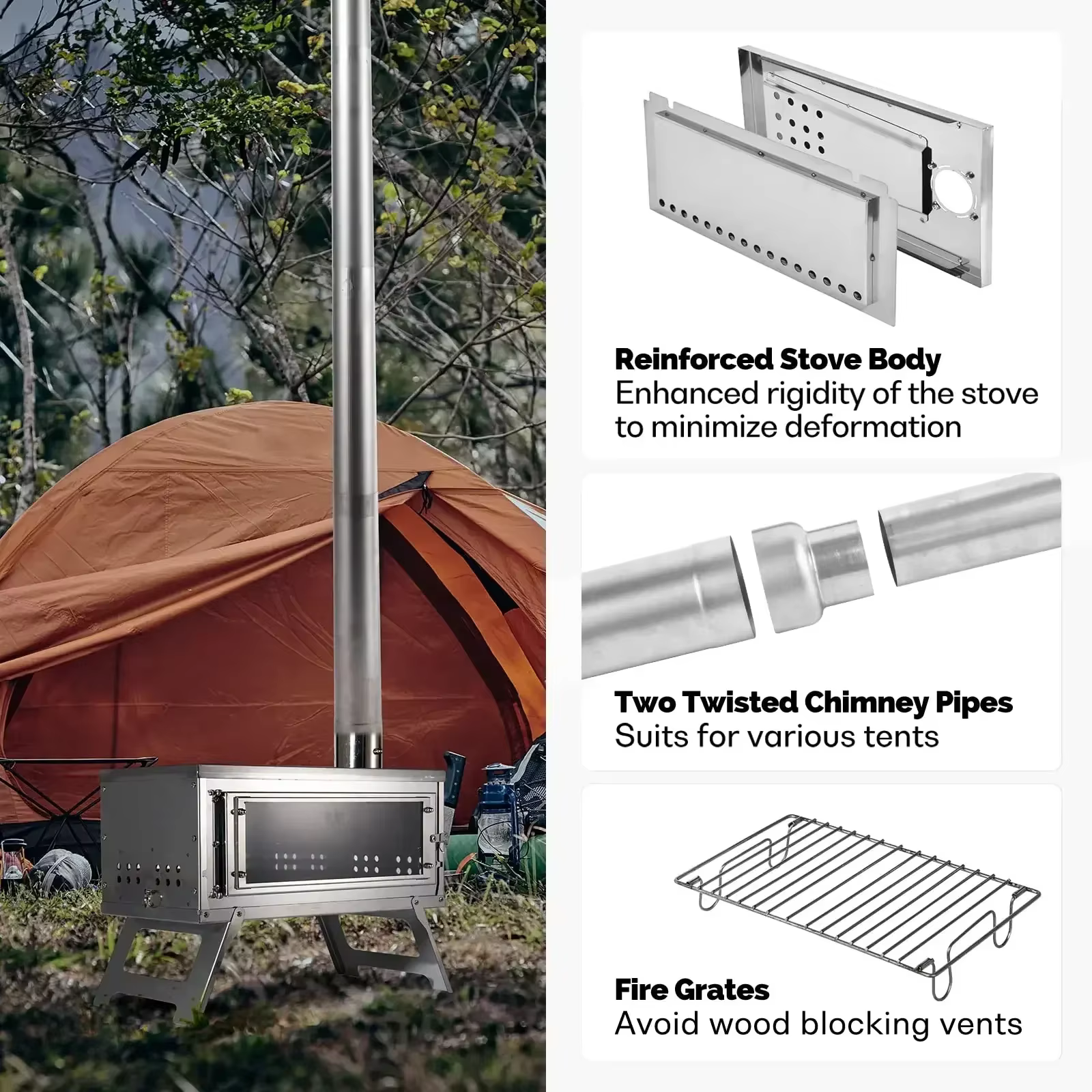 Estufa de leña plegable para tienda – Acero inoxidable con chimenea - imagen 4