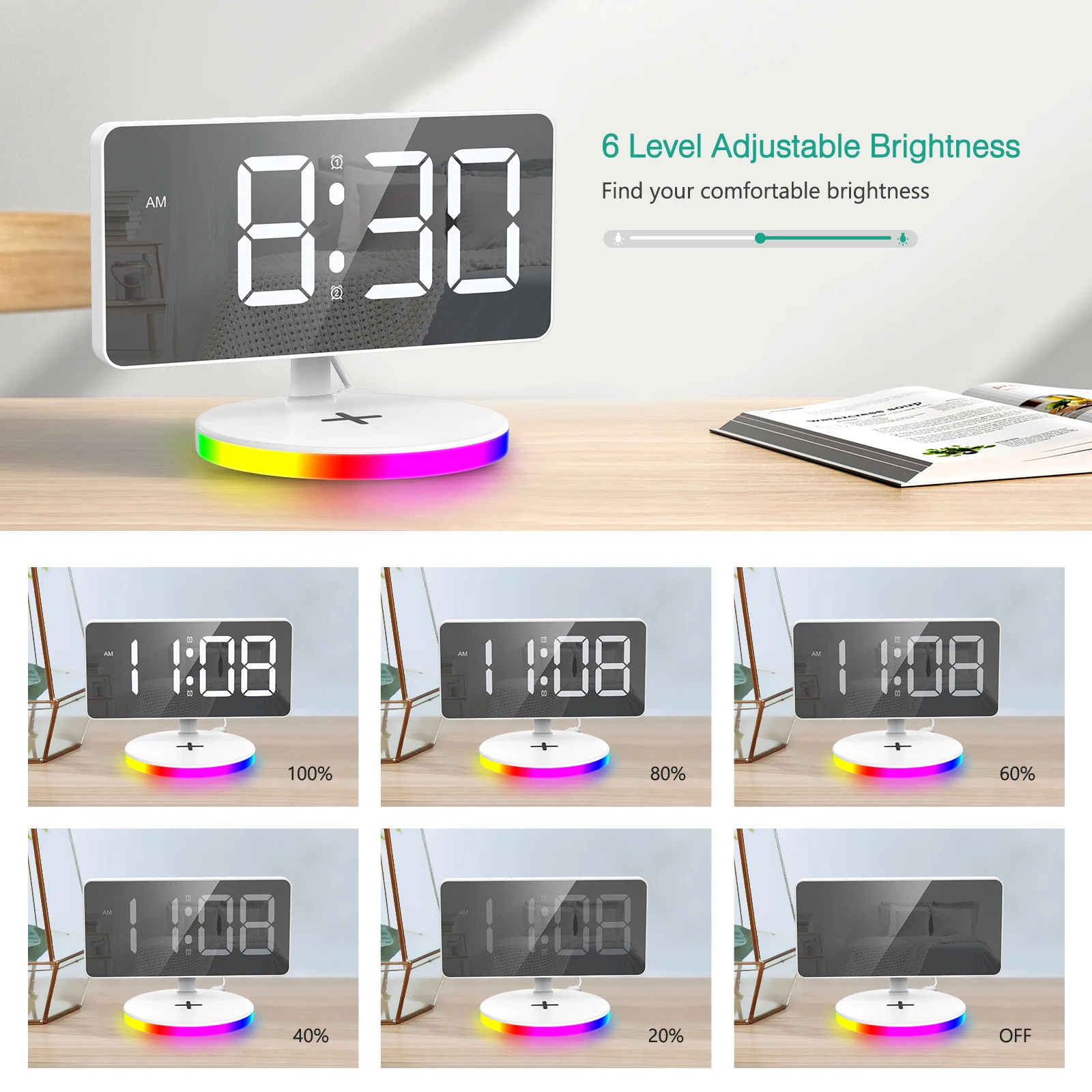 Reloj despertador digital ORIA inalámbrico con luz nocturna RGB - imagen 3