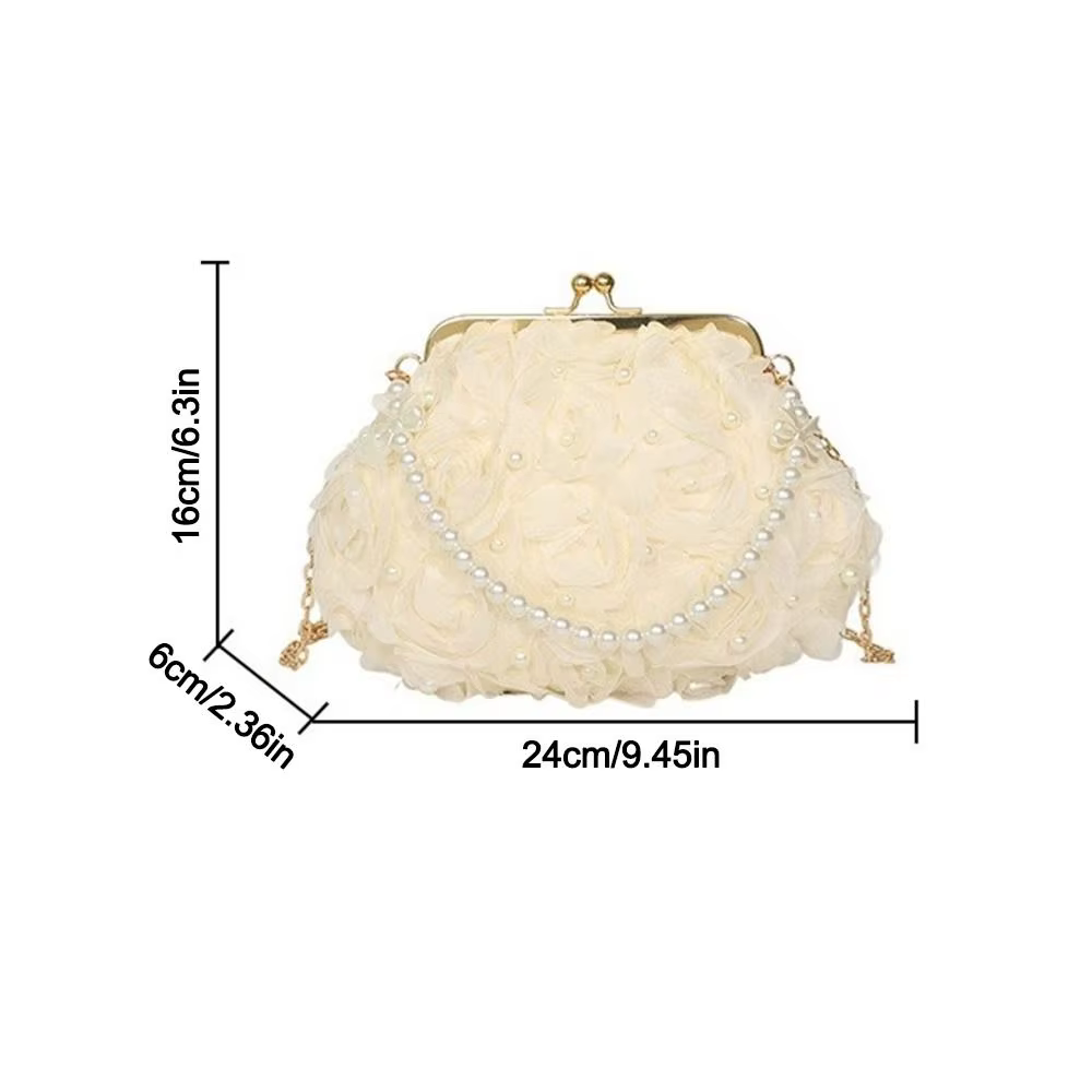 Bolso de mano plisado con encaje de malla y detalles de perlas