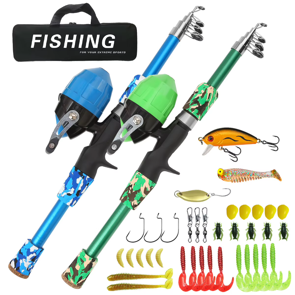 Combo Pesca 1.5m Caña Carrete Vinilos Anzuelos Eslabones