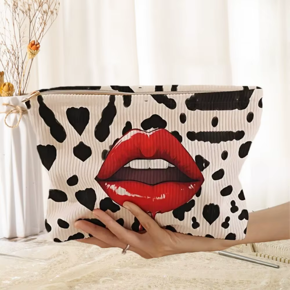 Bolsa maquillaje pana estampado labios cremallera organizador cosméticos ligero - imagen 3