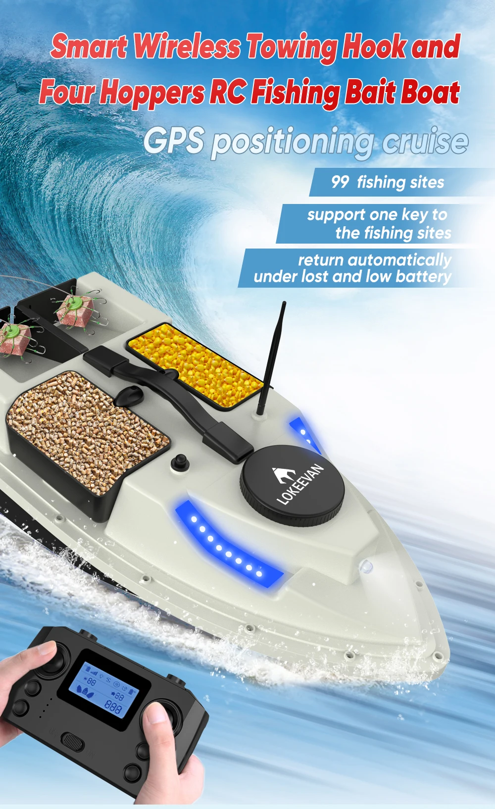 Barco cebador GPS y luces nocturnas