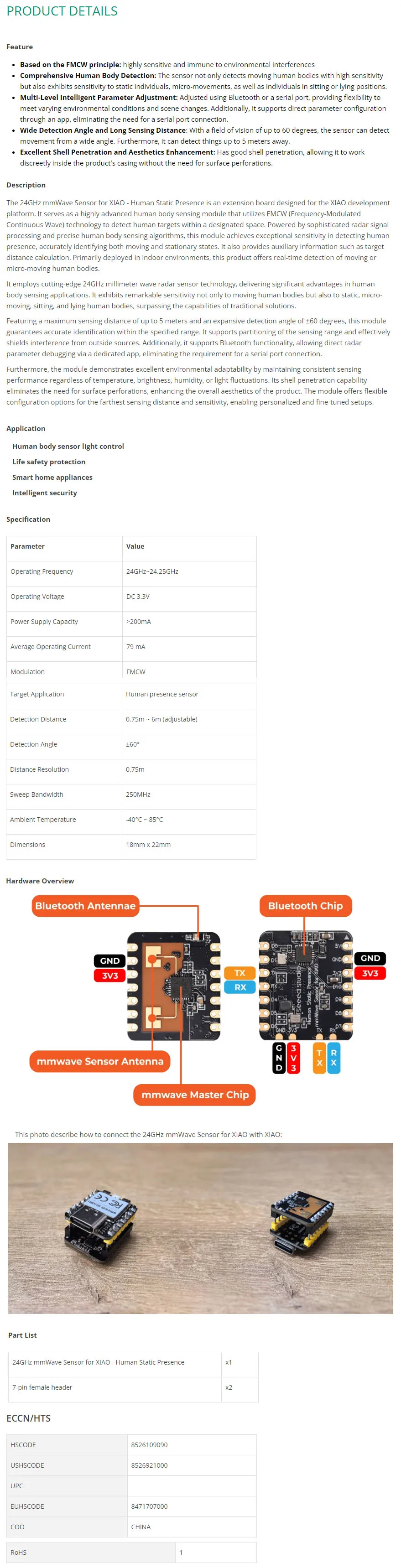 Sensor mmWave de 24GHz para presencia humana y domótica