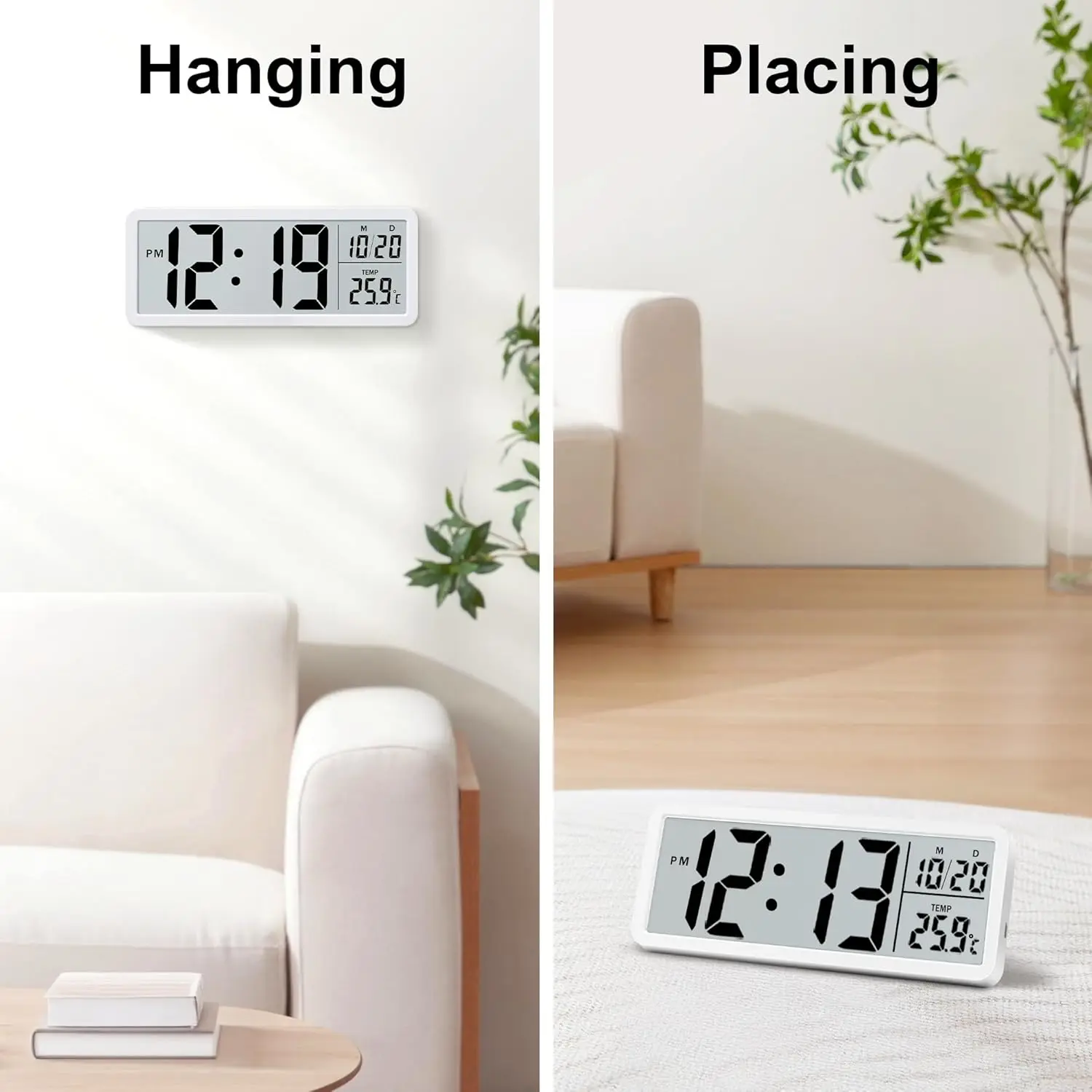 Reloj digital LCD grande con hora, fecha y temperatura