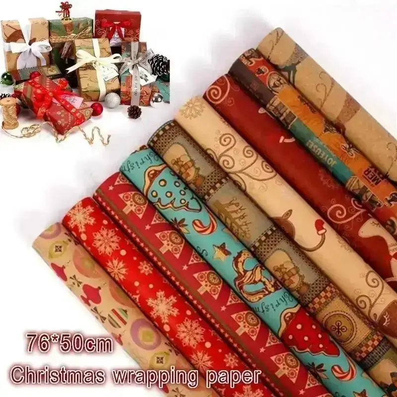 Papel de regalo navideño retro con copos y árbol de Navidad - imagen 2