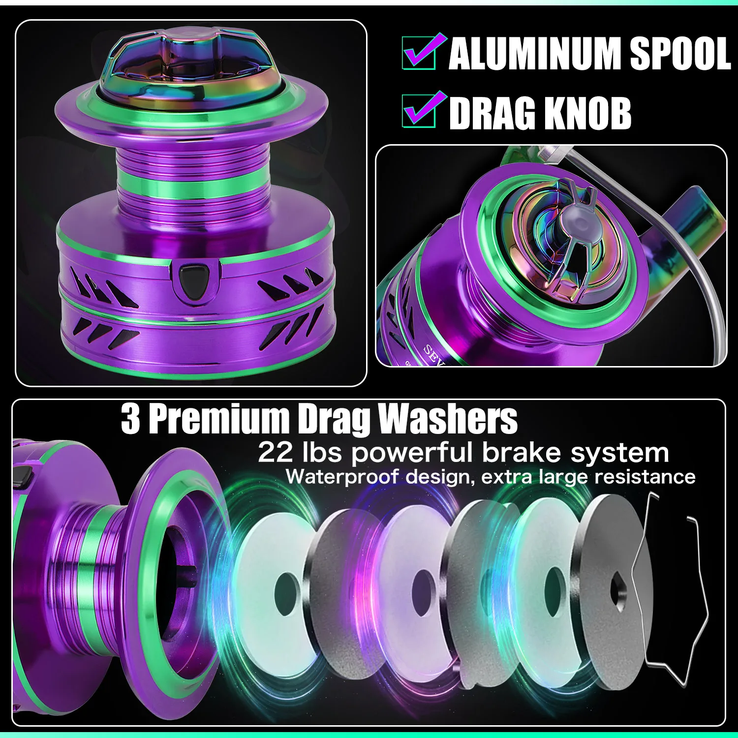 Una perilla de arrastre púrpura y verde con 3 arandelas de arrastre premium