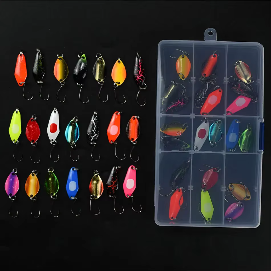 Presentación completa del kit de cucharillas de pesca