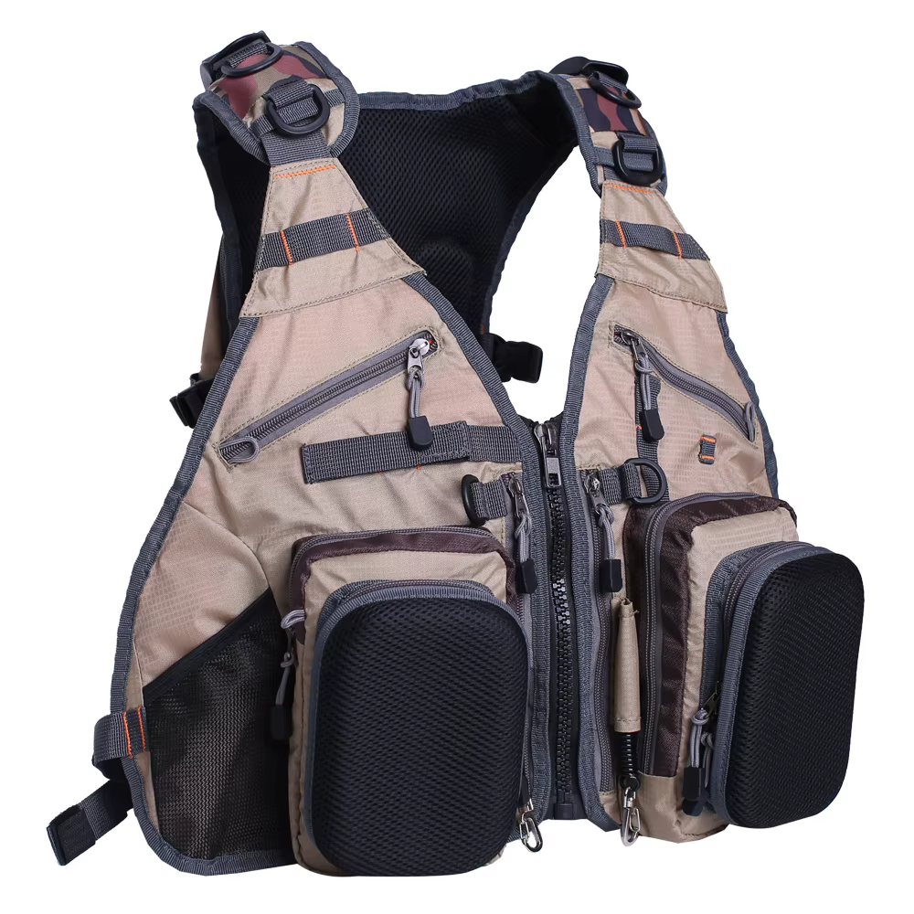 Chaleco de pesca con bolsillos y mochila de malla para accesorios