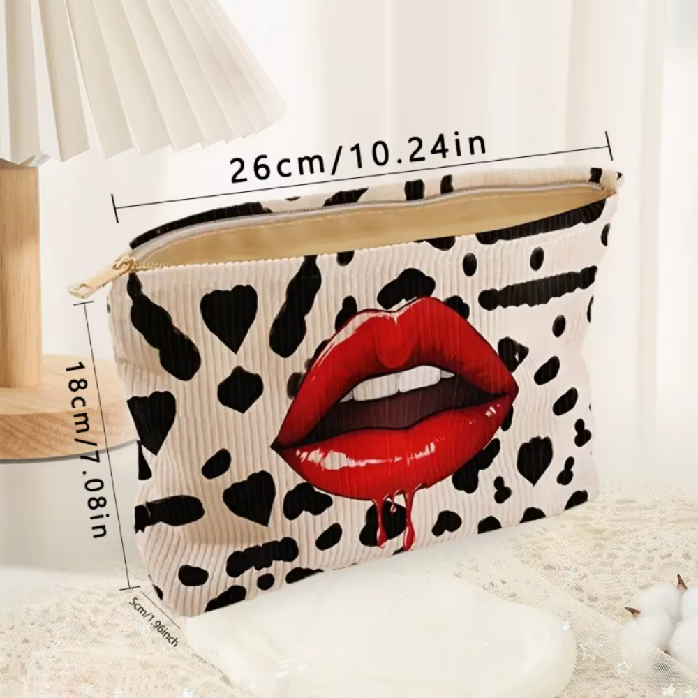 Neceser de maquillaje de pana con estampado de labios vista frontal