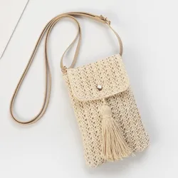 Bolso Bandolera Boho Cuadrado Beige Caqui tejido a mano