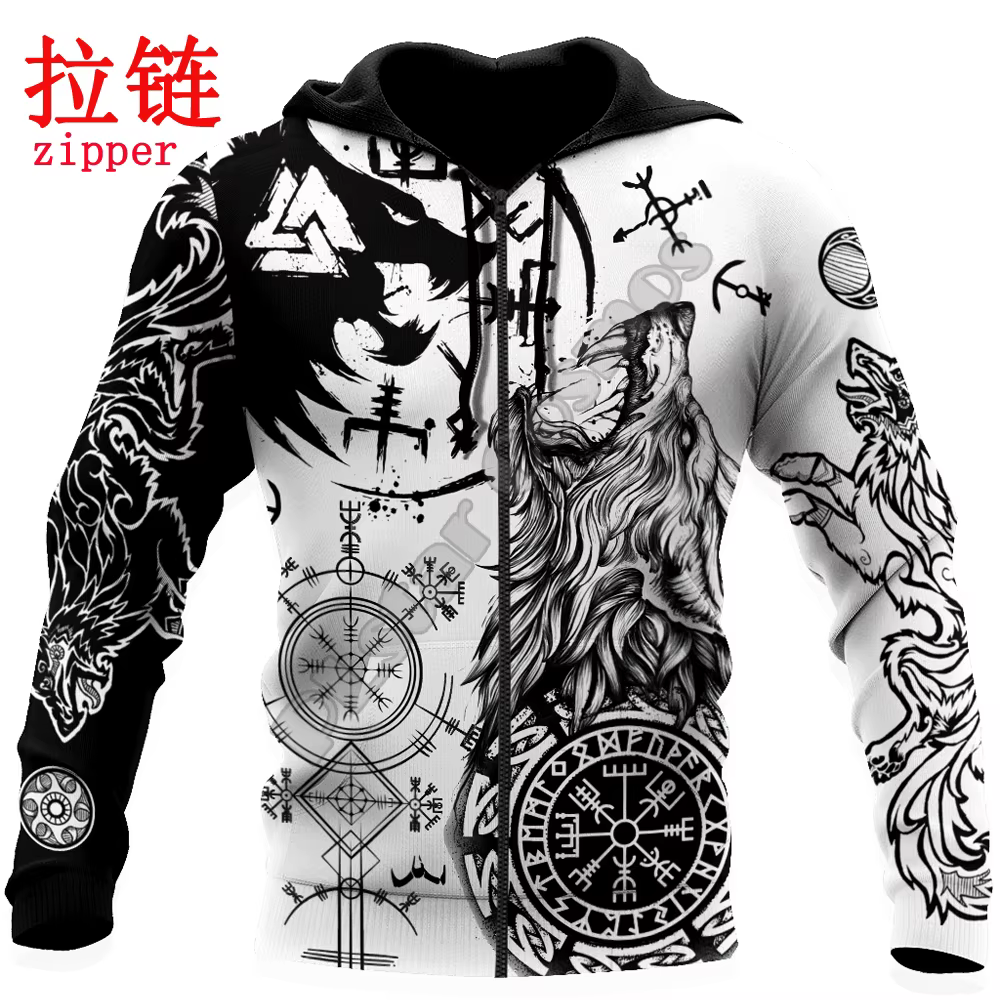 Sudadera con capucha y cremallera Fenrir Wolf Vegvisir 3D blanco/negro - imagen 4