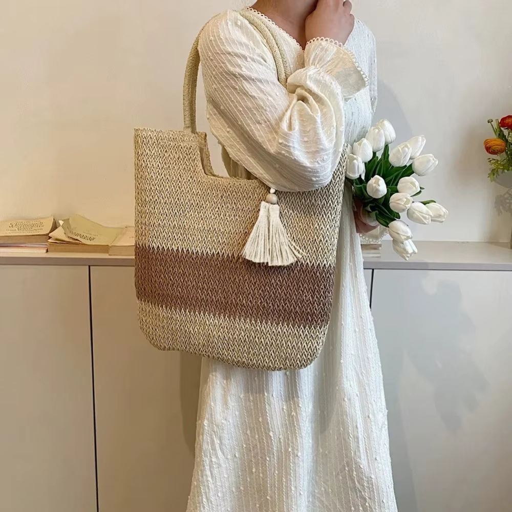 Bolso de playa de paja con borlas, gran capacidad boho - imagen 2