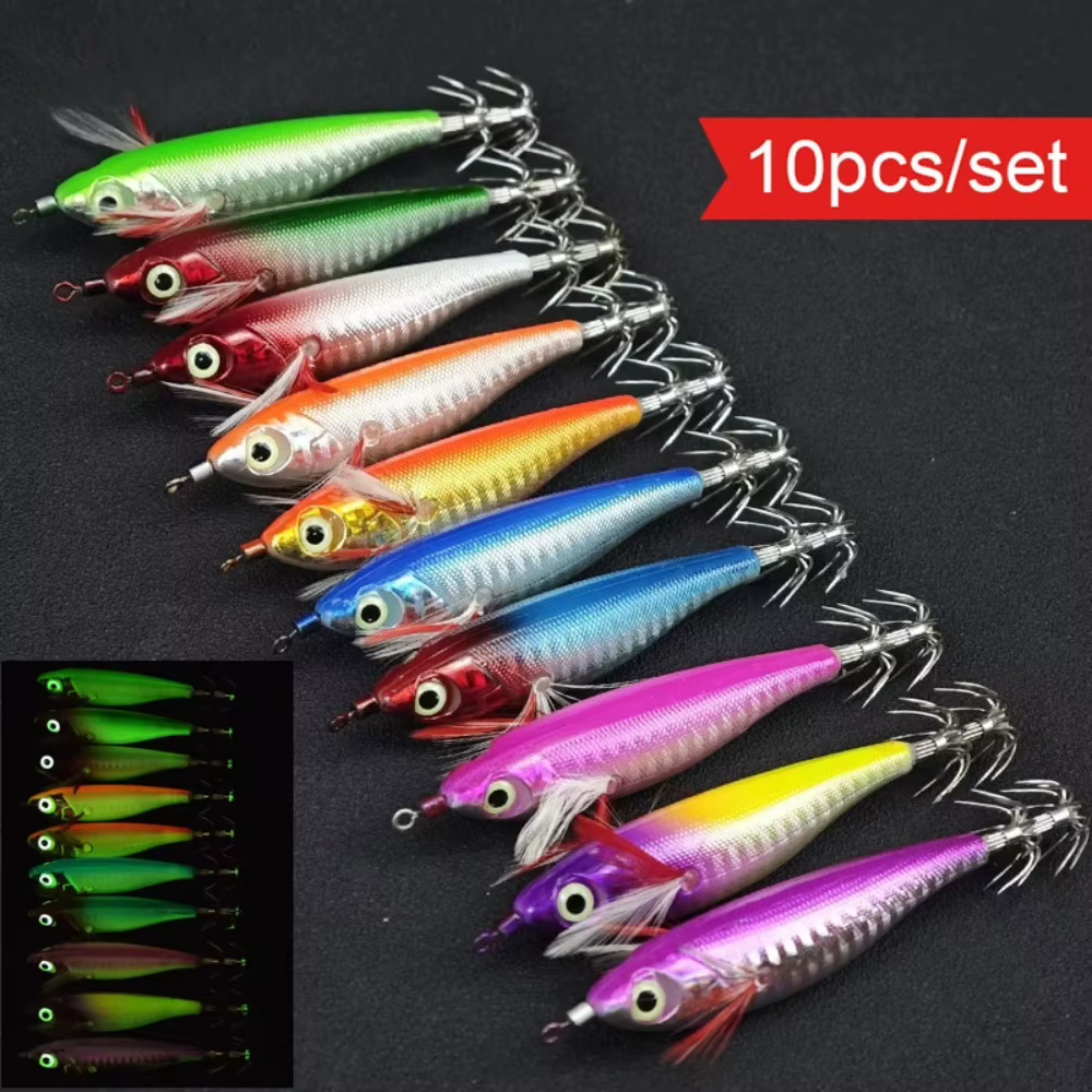 Set de 10 señuelos Egi luminosos para calamar