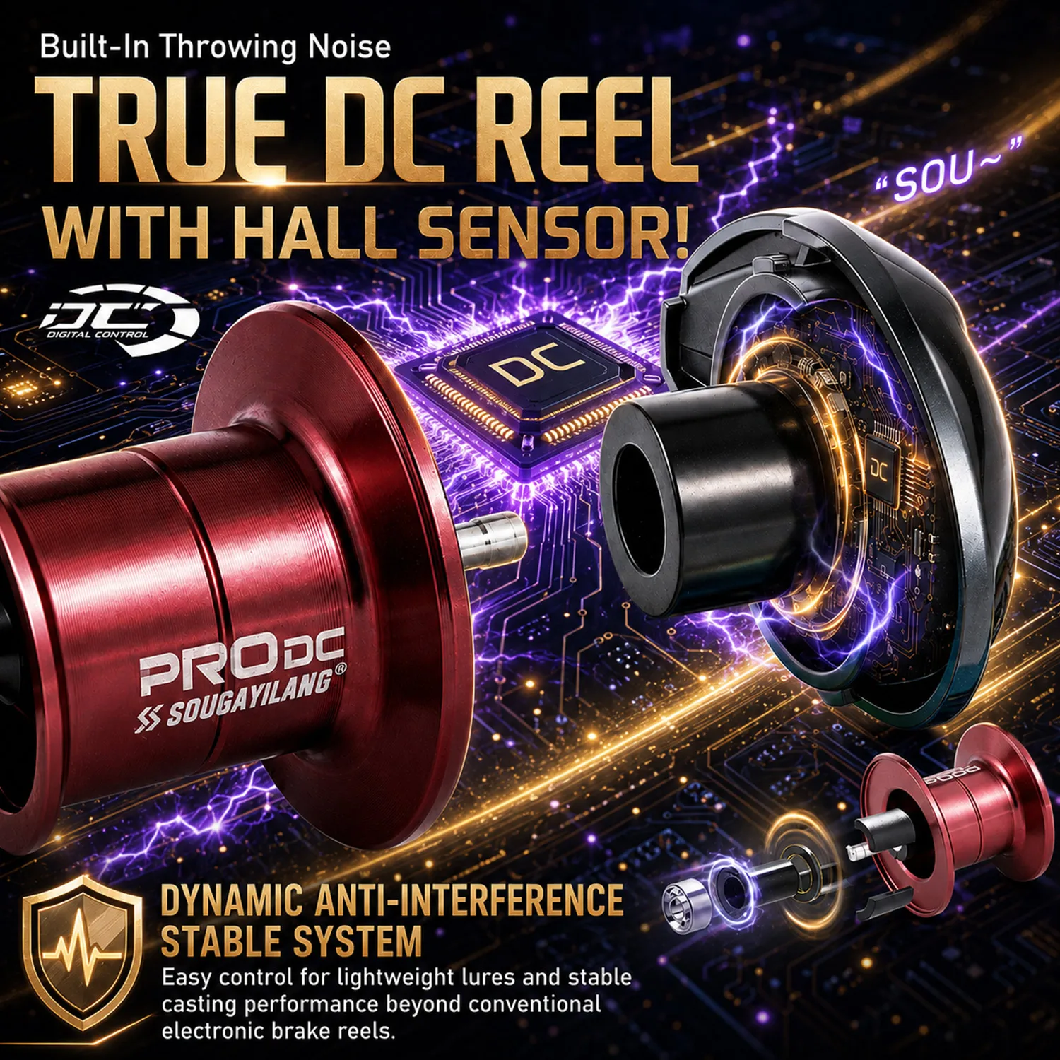 Carrete de pesca Sougayilang PRO DC freno electrónico y manivela corta - imagen 2