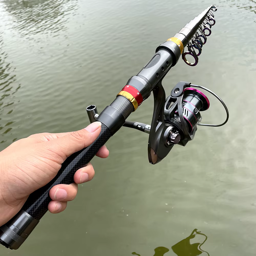 Combo caña y carrete pesca fibra carbono telescópica súper dura - imagen 5