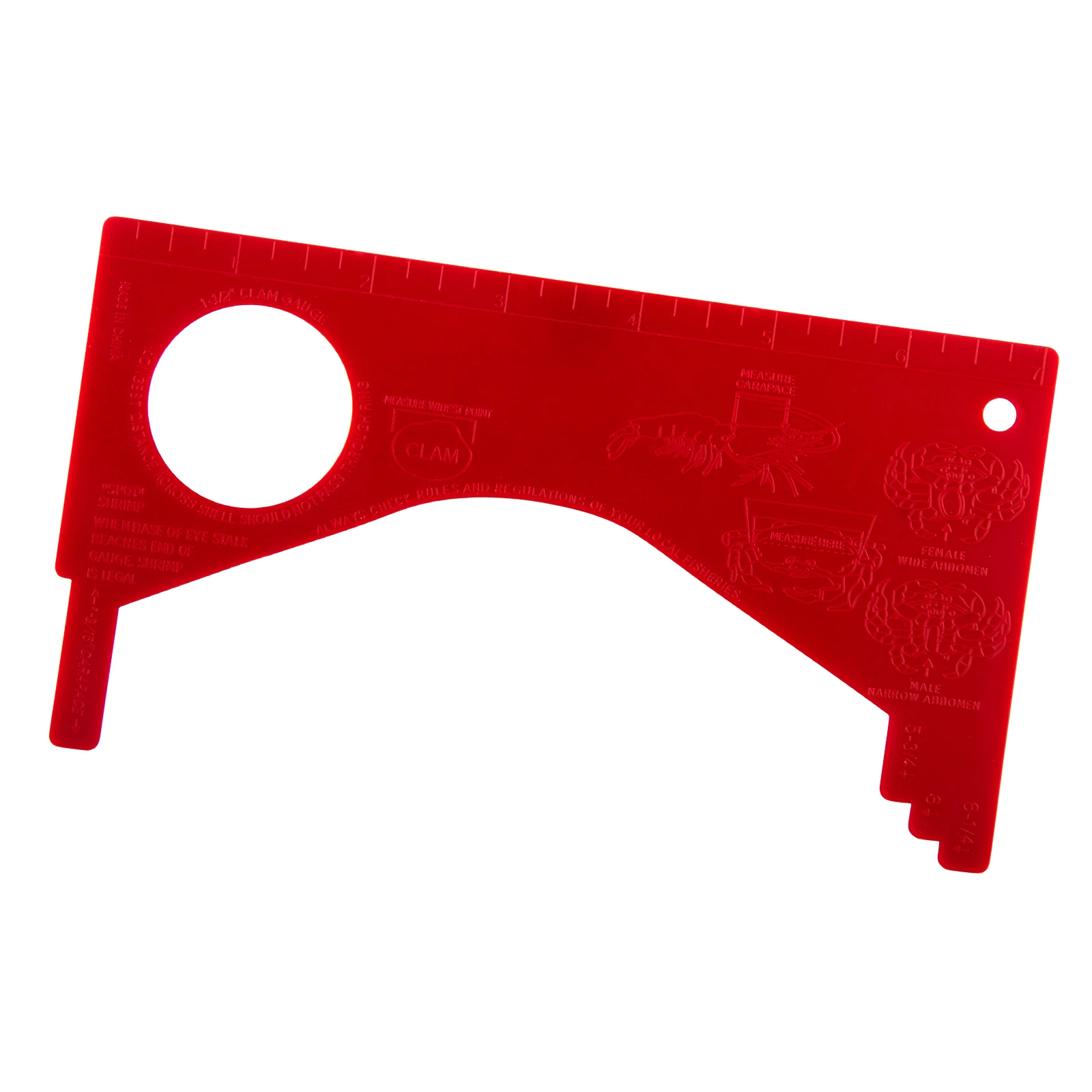 Medidor de cangrejo de PVC rojo con marcas claras