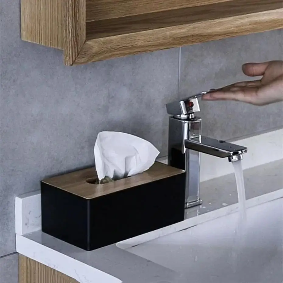 Porta servilletas con tapa de bambú de madera maciza para mesa - imagen 3