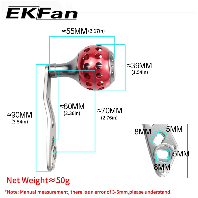 Manivela baitcasting EKFan de aleación aluminio, perilla amplia
