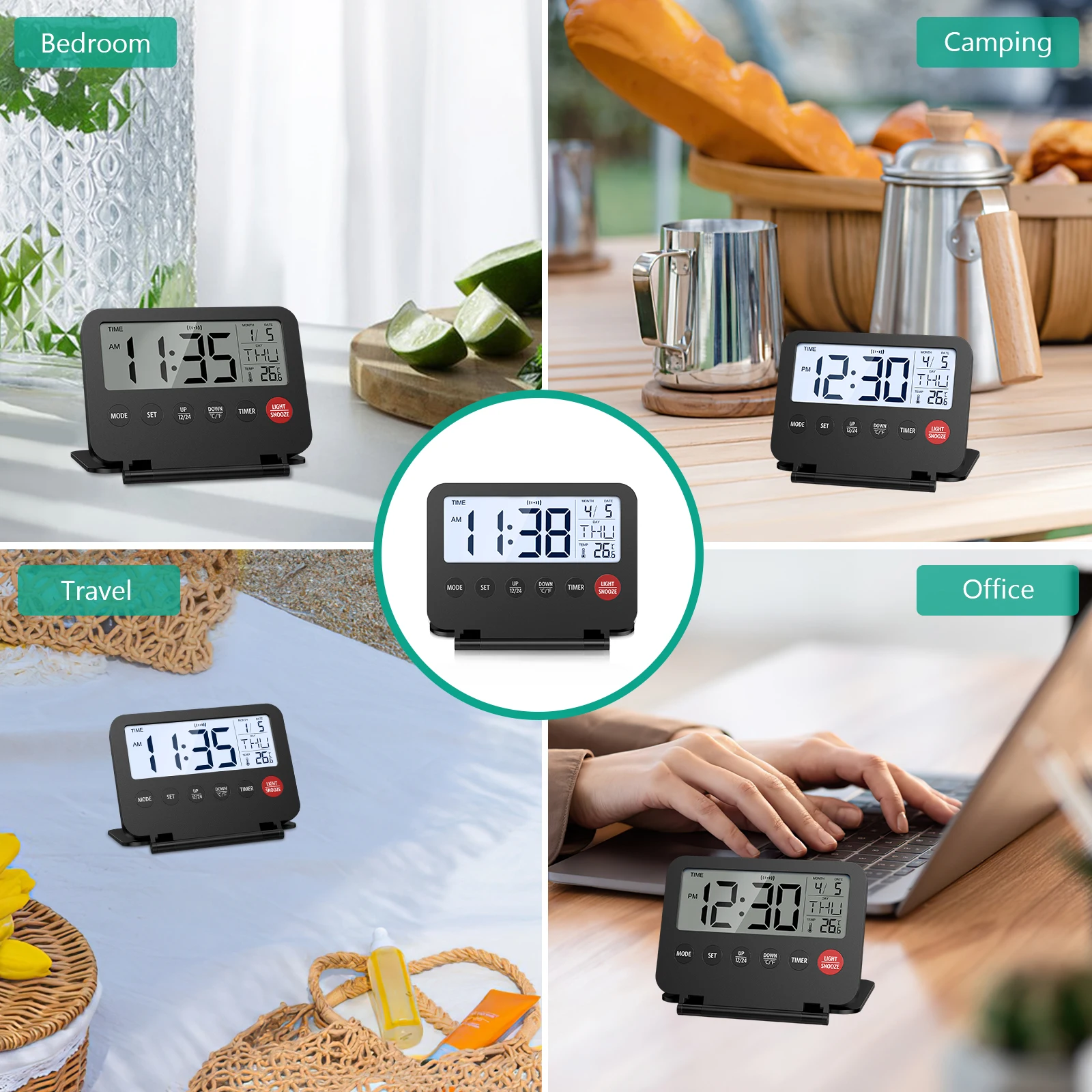 Reloj despertador digital ORIA visto desde arriba mostrando pantalla LCD con hora y fecha
