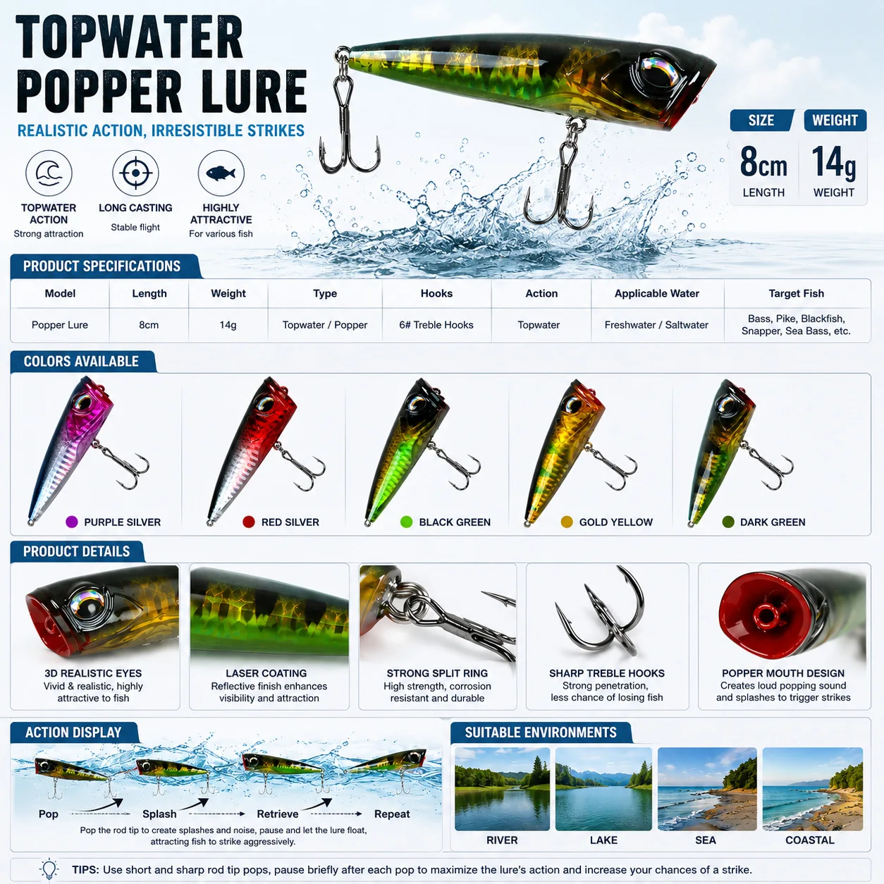 Señuelo popper flotante LHFSH con anzuelo triple para agua salada - imagen 3