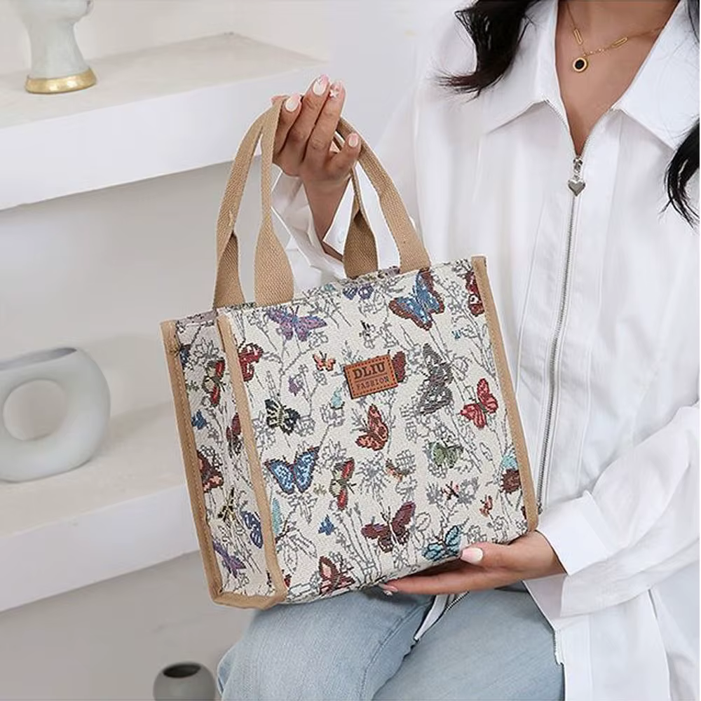 Bolsa térmica para almuerzo de lona impermeable con mariposas