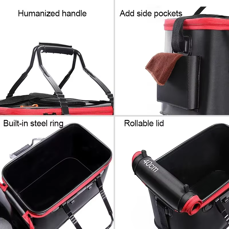 Cubo collapsible para peces vivos – Asa EVA y bolsillo lateral para pesca - imagen 2